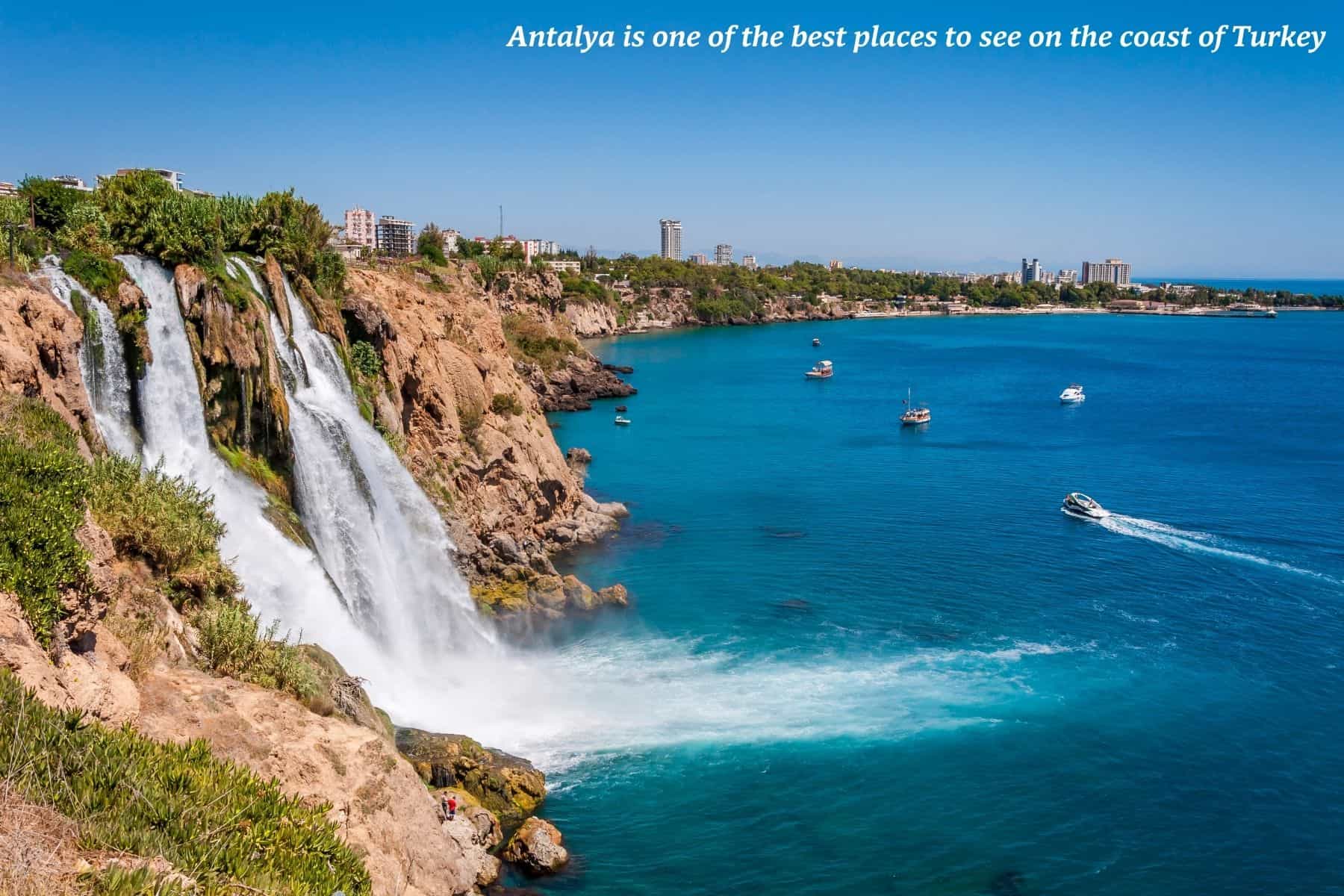 Waterfall going into the sea in Antalya, Turkey - coast of Turkey 